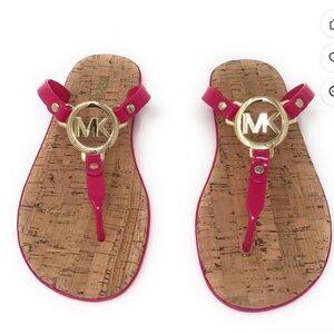 Michael Kors Hot Pink  Jelly T-Strap Cork Thong Sandals Gold MK Logo  7M Used